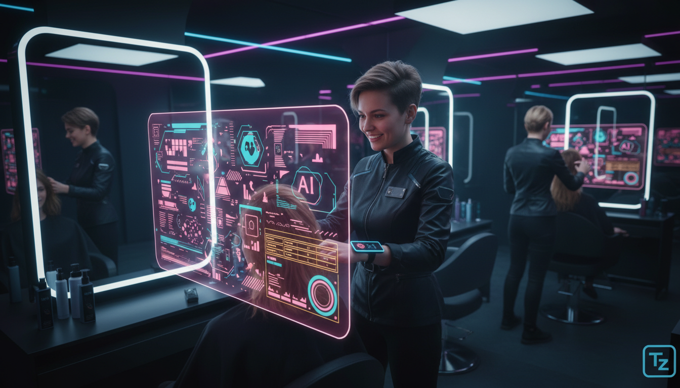 Toolzz: personalização total para Instagram Commerce IA — Um salão de beleza moderno e movimentado, visto de um ângulo ligeiramente superior. Uma esteticista sorrindo interage com uma cliente, enquant