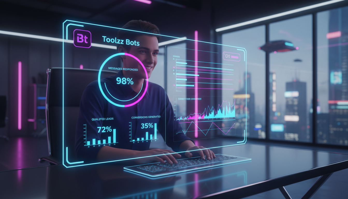 Toolzz: personalização total para Instagram IA — Uma tela de computador mostrando um painel de controle da Toolzz Bots. O painel exibe gráficos de desempenho de um chatbot de IA no Instagram, mostrand