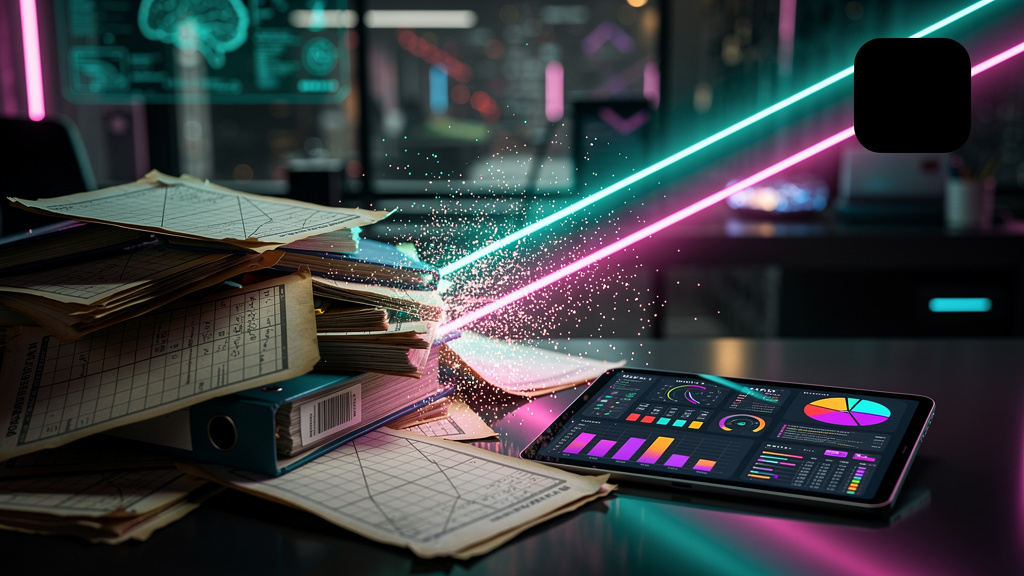 Toolzz: personalização total para relatório financeiro — Uma pilha de planilhas de papel desorganizadas e empoeiradas está sendo transformada digitalmente por um feixe de luz que emana do logo da Tool