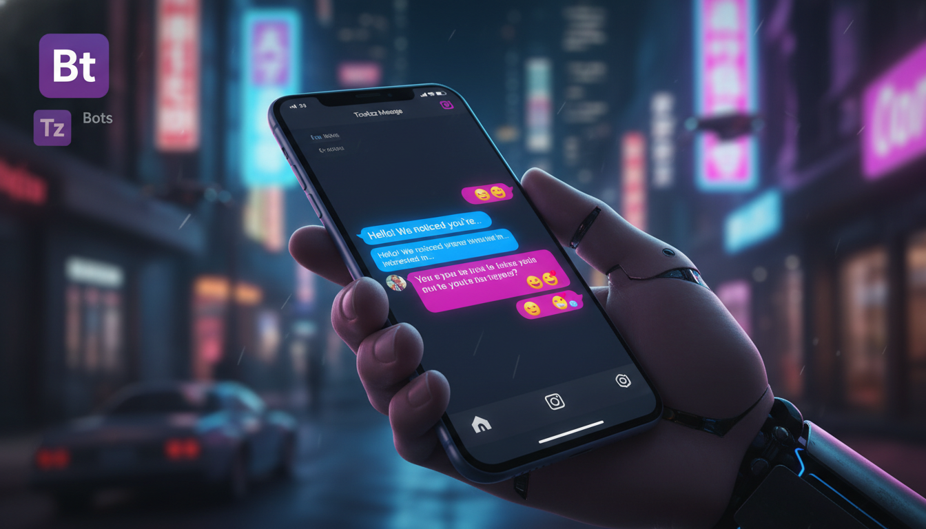 Toolzz: Plano Ideal para Automação Instagram em 2026 — Um close-up de um smartphone exibindo uma conversa automatizada no Instagram Direct. A interface mostra mensagens personalizadas sendo enviadas e