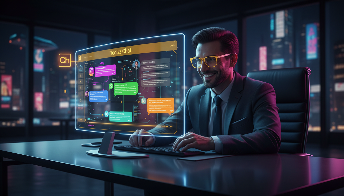 Toolzz: Plano Ideal para Automação Instagram em Advocacia — Um advogado usando óculos e olhando para um monitor que exibe várias janelas de chat do Instagram, WhatsApp, e-mail e chat do site, todas in