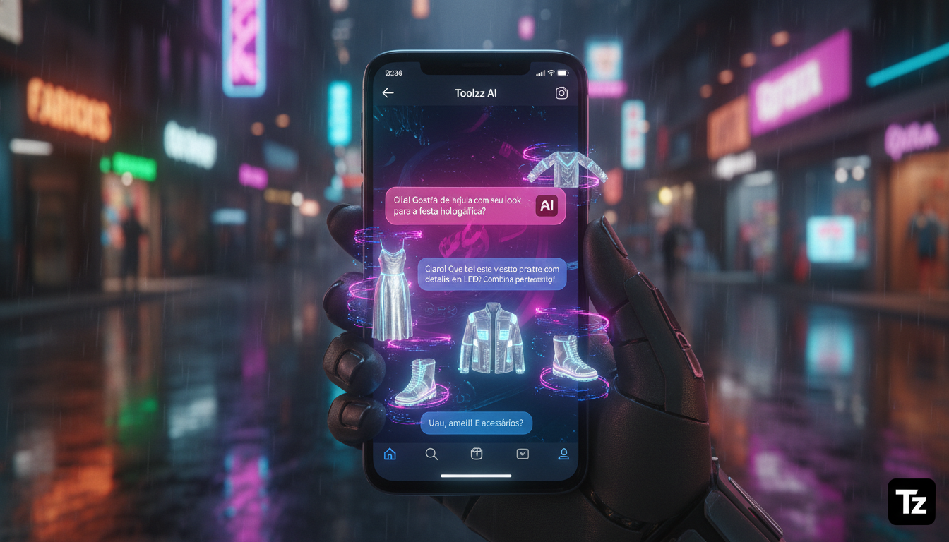 Toolzz: Plano Ideal para Instagram Commerce em 2026 — Um close-up de um smartphone mostrando um chatbot da Toolzz respondendo a perguntas de clientes sobre um produto de moda no Instagram. O chatbot u