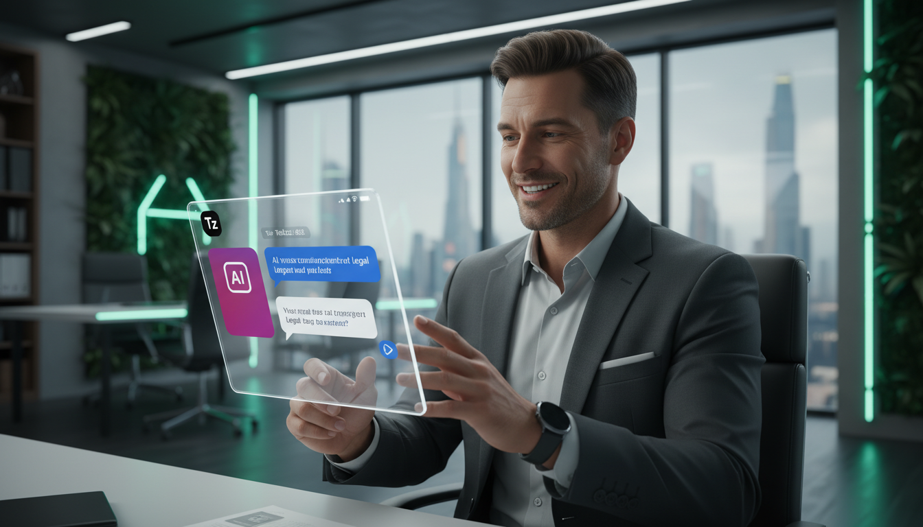 Toolzz: Plano Ideal para Instagram em 2026 — Um advogado moderno em seu escritório, sorrindo e interagindo com um tablet que exibe uma interface de chat do Instagram DM. O chat mostra um Agente de Sup