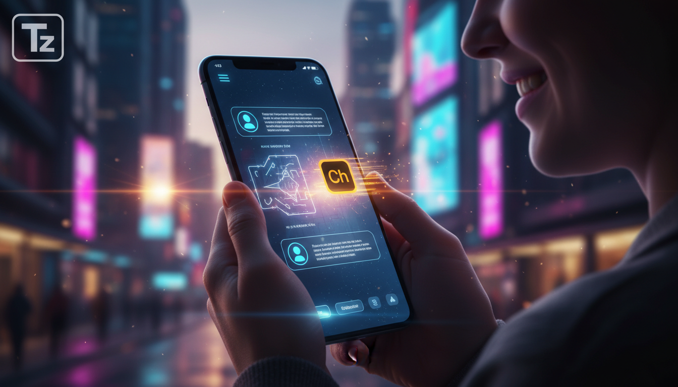 Toolzz: Plano Ideal para sua Estratégia de IA em Redes Sociais — Close-up de um smartphone exibindo uma interface de chatbot em uma rede social, com o logo da Toolzz integrado ao design do chatbot. O 