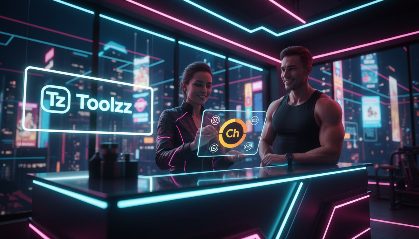 Toolzz: Plataforma acessível para Atendimento Omnichannel — A brightly lit, modern gym reception area. A friendly receptionist is assisting a new member while using a tablet displaying the Toolzz Chat
