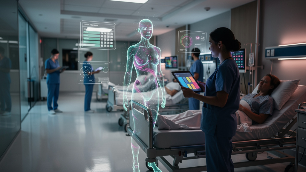 Toolzz: plataforma acessível para IA no atendimento — Uma sala de hospital moderna com enfermeiros utilizando tablets para acessar informações de pacientes. Um agente virtual da Toolzz AI, com o logo 