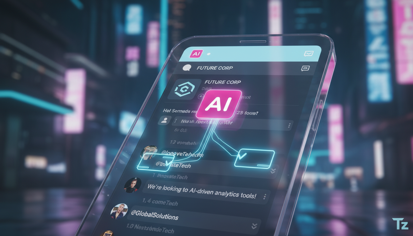 Toolzz: plataforma acessível para IA no Instagram B2B — Um close-up de um smartphone mostrando um feed do Instagram B2B. Vários comentários em um post de uma empresa estão sendo analisados por um agen