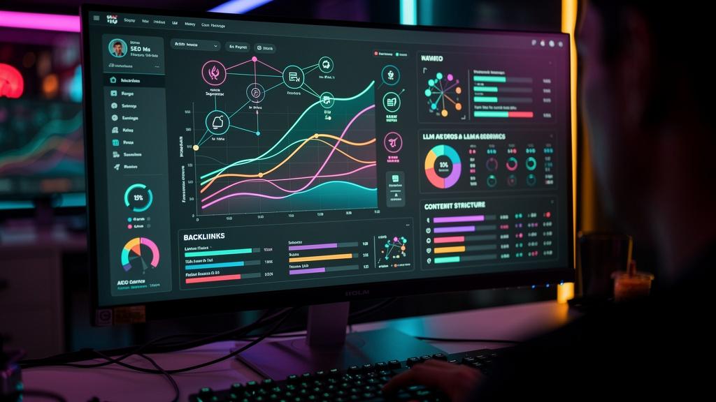Toolzz: plataforma acessível para SEO com IA — Close-up de uma tela de computador mostrando a interface da Toolzz AI. A tela exibe um gráfico complexo que combina dados de SEO tradicionais (palavras-c