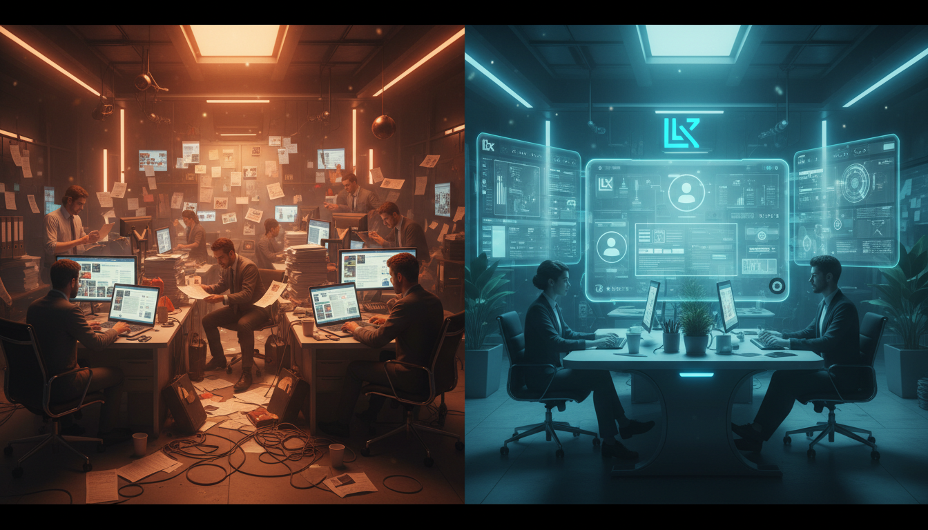 Toolzz: por que agências escolhem automação Instagram em 2026 — A split-screen illustration. On one side, a chaotic scene of multiple marketing agents manually managing Instagram accounts with piles o