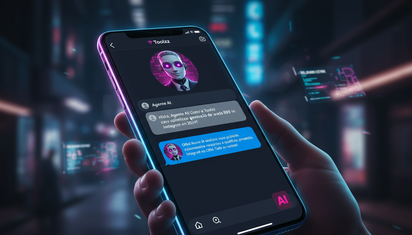 Toolzz: por que empresas B2B escolhem IA no Instagram em 2024 — Close-up de um smartphone mostrando uma conversa no Instagram Direct. Um agente de IA da Toolzz, representado por um avatar amigável e p