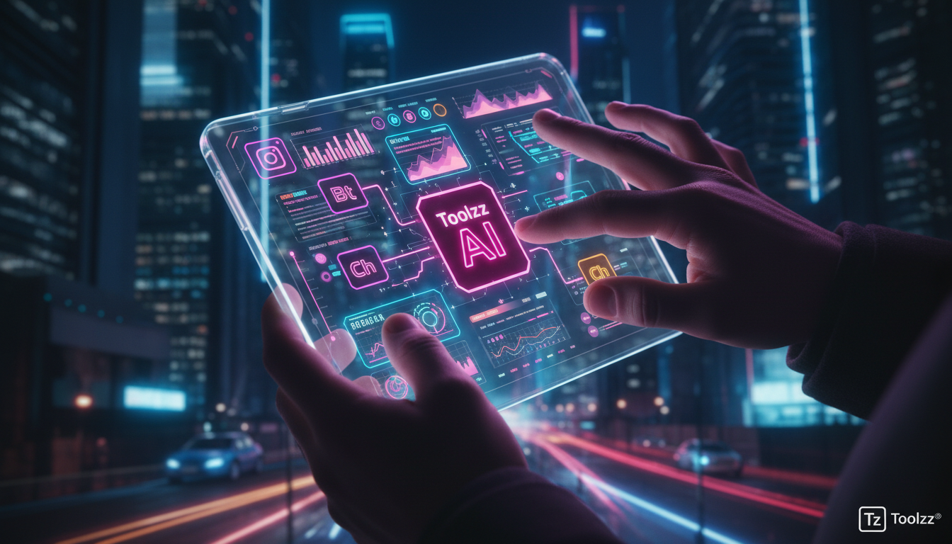 Toolzz: por que empresas de e-commerce escolhem IA em 2026 — Um close-up de mãos digitando em um smartphone, com a tela exibindo um painel de controle de automação do Instagram. Gráficos e dados em te