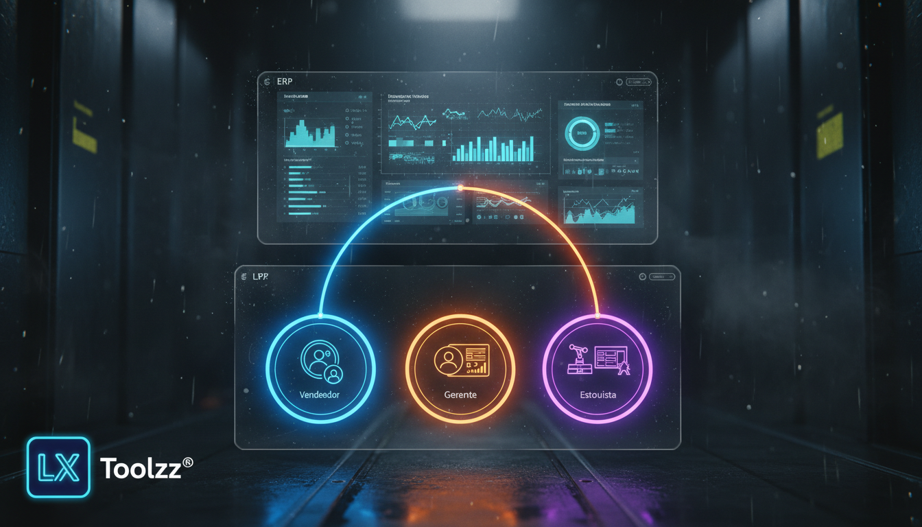 Toolzz: por que empresas varejo escolhem integração ERP em 2026 — Um diagrama infográfico dividido horizontalmente. Na parte superior, um sistema ERP exibindo dados de vendas e estoque. Na parte infer