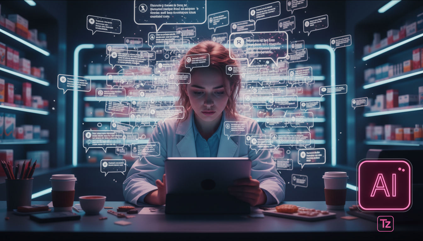 Toolzz: por que farmácias escolhem IA para Instagram em 2026 — Uma atendente de farmácia com expressão cansada, cercada por pilhas de mensagens de Direct do Instagram em balões de fala, enquanto tenta