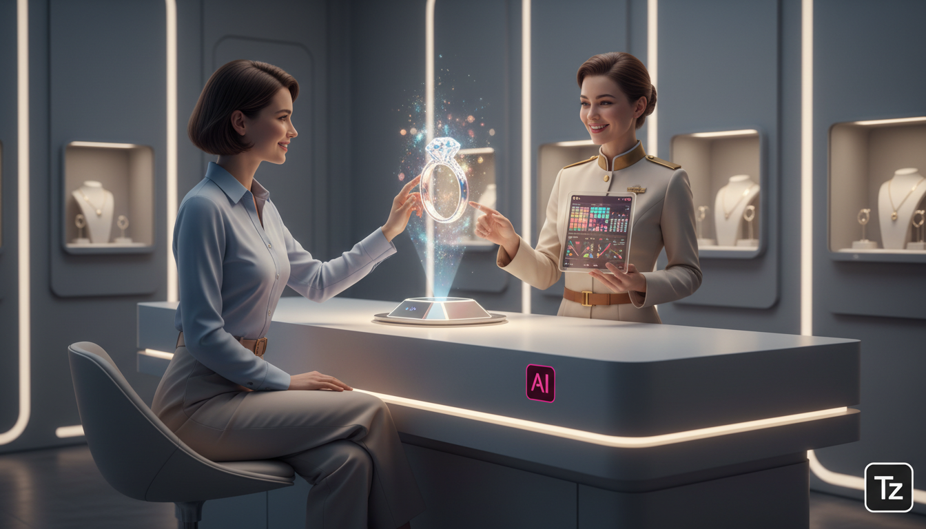 Toolzz: por que joalherias escolhem IA em 2026 — Uma joalheria moderna e elegante, com um balcão minimalista. Uma cliente está sentada, olhando para um holograma flutuante de um anel de diamante. O ho