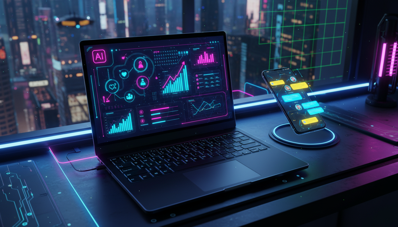 Toolzz: resultados reais em automação Instagram 2026 — Uma visão de cima de uma mesa de trabalho moderna com um notebook aberto exibindo um painel de controle da Toolzz AI. Vários ícones de automação 