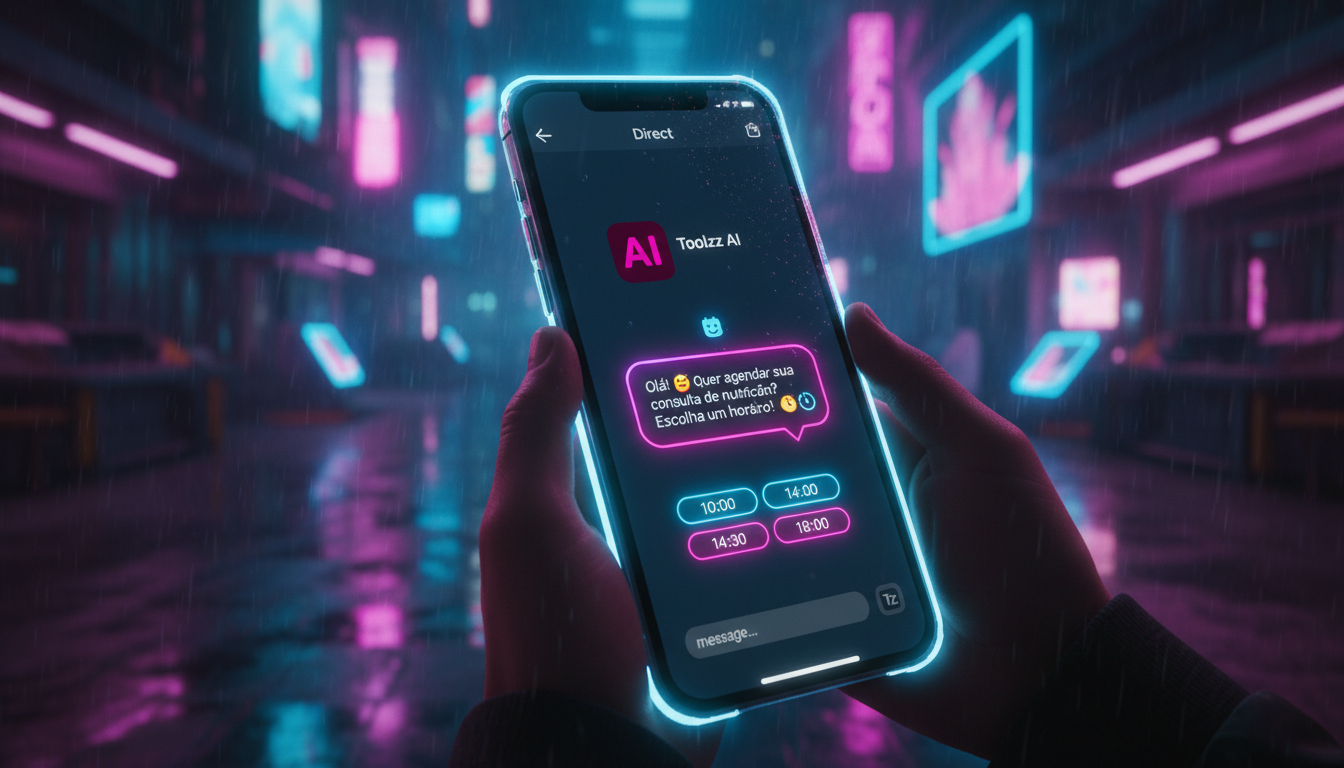 Toolzz: resultados reais em IA para Instagram Business em 2026 — Uma tela de celular mostrando o aplicativo Instagram Direct. Um chatbot da Toolzz AI está interagindo com um cliente, agendando uma con