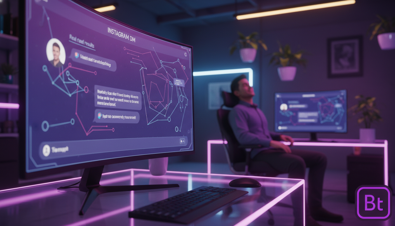 Toolzz: resultados reais em taxa de conversão — Uma visão em perspectiva de um escritório moderno e minimalista. Em primeiro plano, uma tela de computador exibe a interface de um chatbot da Toolzz em 