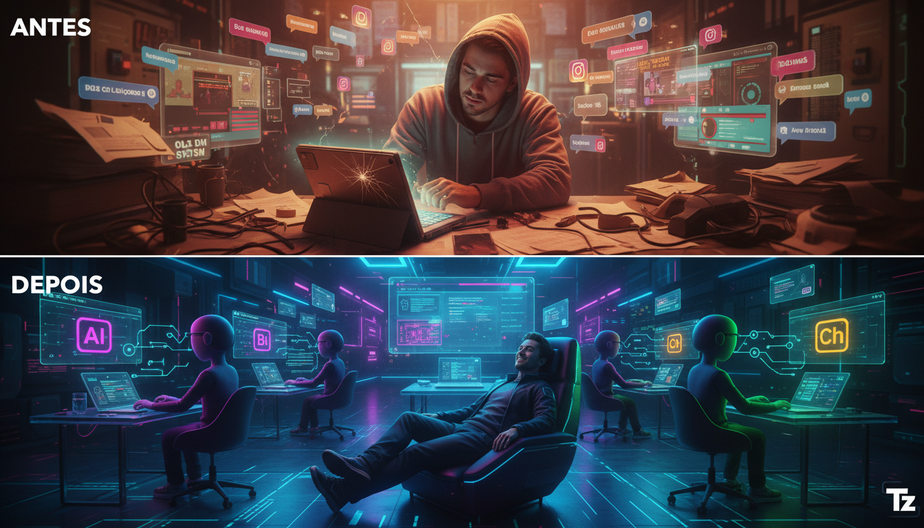 Toolzz: resultados reais em vendas no Instagram em 2026 — Um diagrama infográfico com duas seções. Na seção superior, 'Antes', mostra um vendedor de e-commerce exausto, soterrado por pilhas de mensage