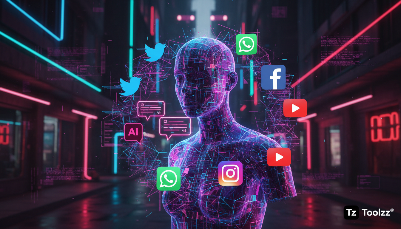 Toolzz: ROI comprovado em Atendimento Omnichannel — Um agente de IA, visualizado como uma representação gráfica estilizada, interage com ícones de diversas redes sociais (Instagram, Facebook, etc.). P