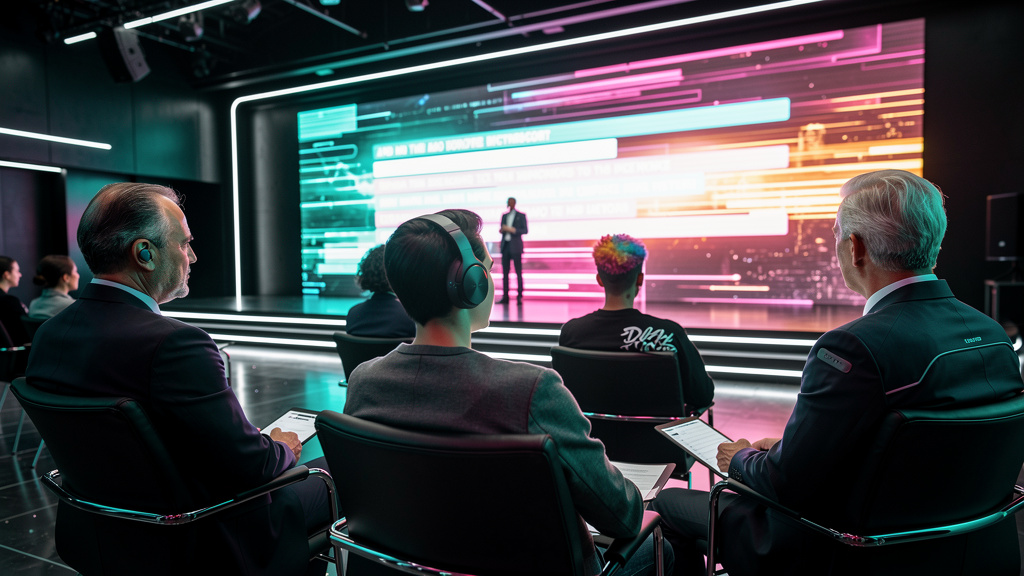 Toolzz: ROI comprovado em Educação Corporativa 2026 — Ilustração digital mostrando um palco com vários personagens representando diferentes tipos de funcionários (deficiente auditivo com aparelho, est