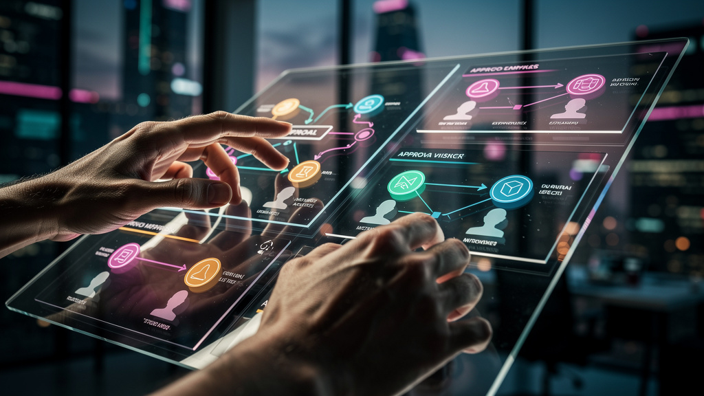 Toolzz: ROI comprovado em IA para 2026 — Um close-up de mãos humanas interagindo com uma interface de IA em uma tela sensível ao toque. A interface exibe um fluxo de trabalho complexo com várias etapa