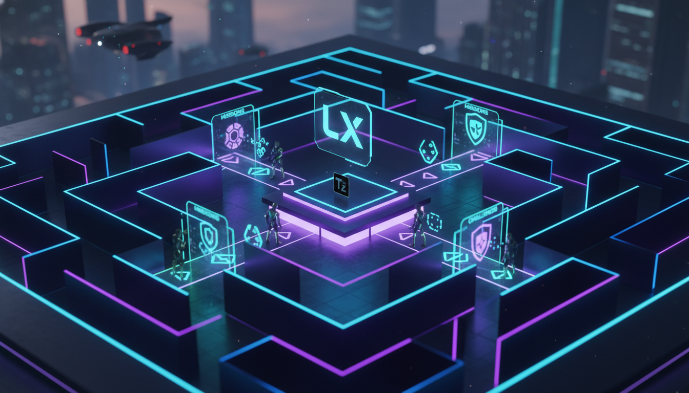 Toolzz: ROI Comprovado em Treinamentos Corporativos com LXP em 2026 — Ilustração isométrica de um labirinto corporativo onde funcionários-personagens avançam por caminhos de 'Missões' e 'Desafios', co