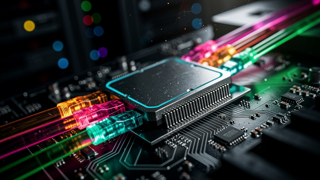 Toolzz: Segurança e Compliance para Agentes de IA em 2026 — Um close-up de um chip de computador futurista com o logo da Toolzz gravado a laser. O chip está conectado a vários cabos de fibra óptica qu