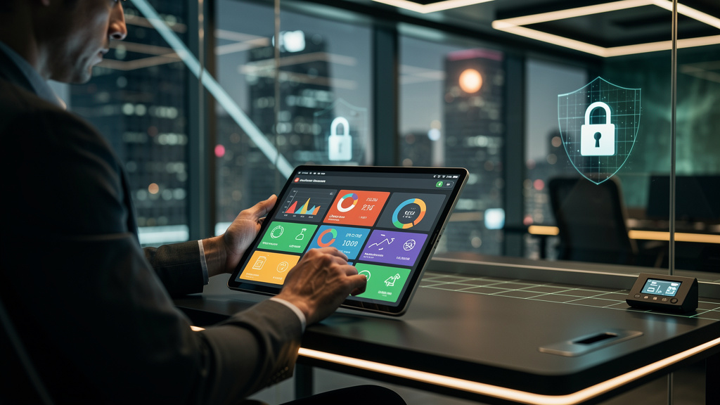 Toolzz: segurança e compliance para LXP — Um usuário interagindo com a interface da Toolzz LXP em um tablet. A tela do tablet exibe um dashboard intuitivo com métricas de aprendizado personalizadas. U