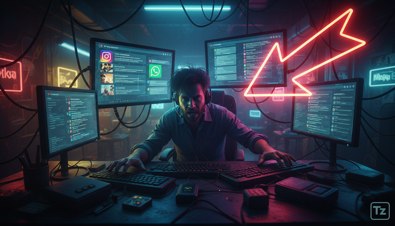 Toolzz: solução ágil para atendimento omnichannel — Um escritório caótico com várias telas mostrando diferentes canais de atendimento ao cliente (Instagram, WhatsApp, e-mail) em abas separadas. Um fun