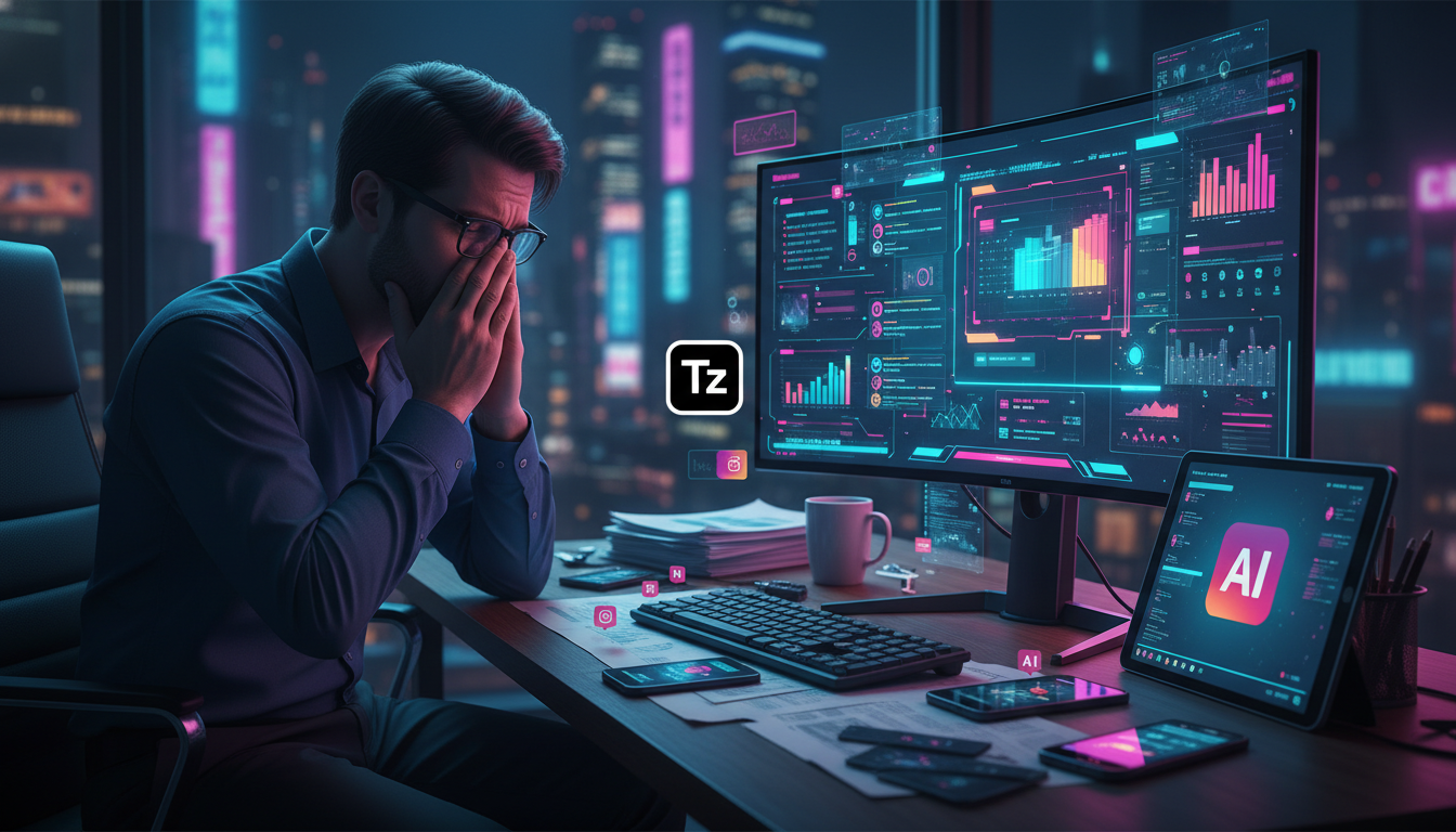 Toolzz: solução ágil para automação de marketing Instagram — Um gerente de marketing exausto, sentado em uma mesa coberta de papéis e notificações de Instagram, com um olhar de frustração. Ao lado del