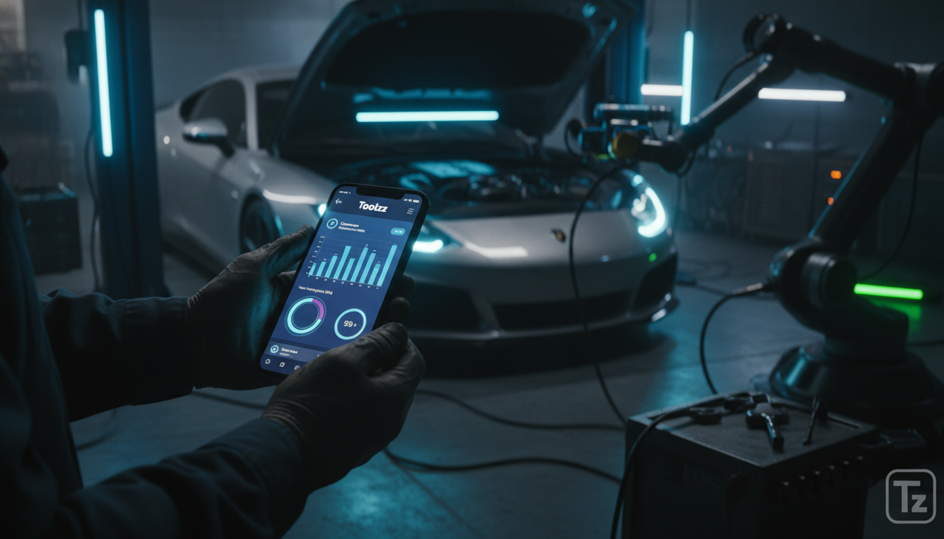 Toolzz: Solução mais moderna para automação de Instagram no automotivo — Um close-up das mãos de um mecânico segurando um smartphone com o aplicativo Toolzz aberto. A tela do aplicativo exibe um dashb