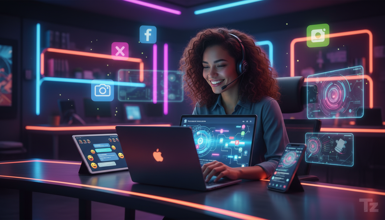 Toolzz: solução mais moderna para IA em Redes Sociais — Um atendente de suporte ao cliente, com um headset, sorrindo enquanto interage com múltiplos dispositivos (smartphone, tablet, laptop) exibindo 