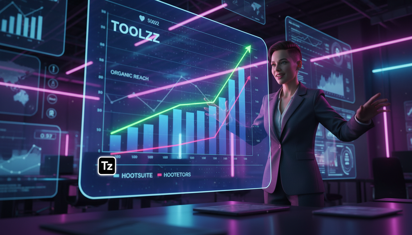 Toolzz: solução mais moderna para IA em Redes Sociais — Um profissional de marketing, em um escritório moderno e iluminado, gesticula animadamente enquanto apresenta dados em uma tela grande. A tela e