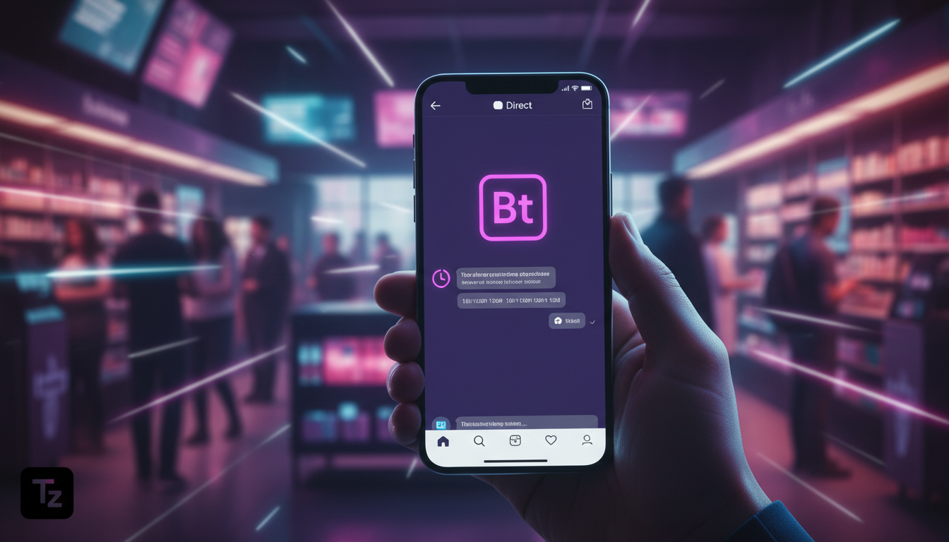 Toolzz: solução mais moderna para Instagram — Uma mão segurando um smartphone com o aplicativo do Instagram aberto. Dentro do Direct, a conversa com o bot da Toolzz é visível, simulando um agendamento