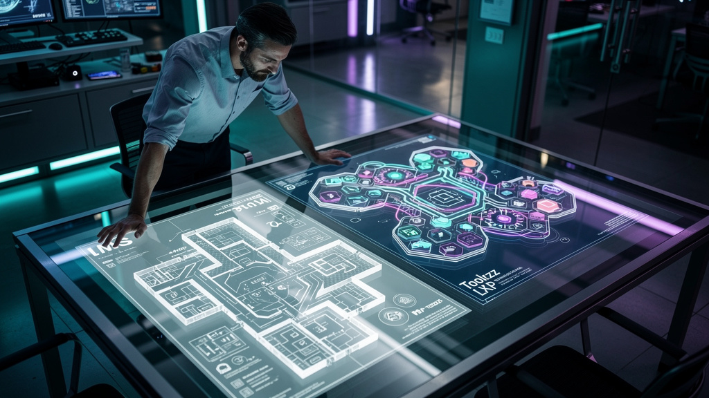 Toolzz: solução mais moderna para LXP — Um arquiteto de sistemas corporativos está avaliando duas plantas de edifícios lado a lado em uma mesa de luz. Uma planta representa a estrutura tradicional de 