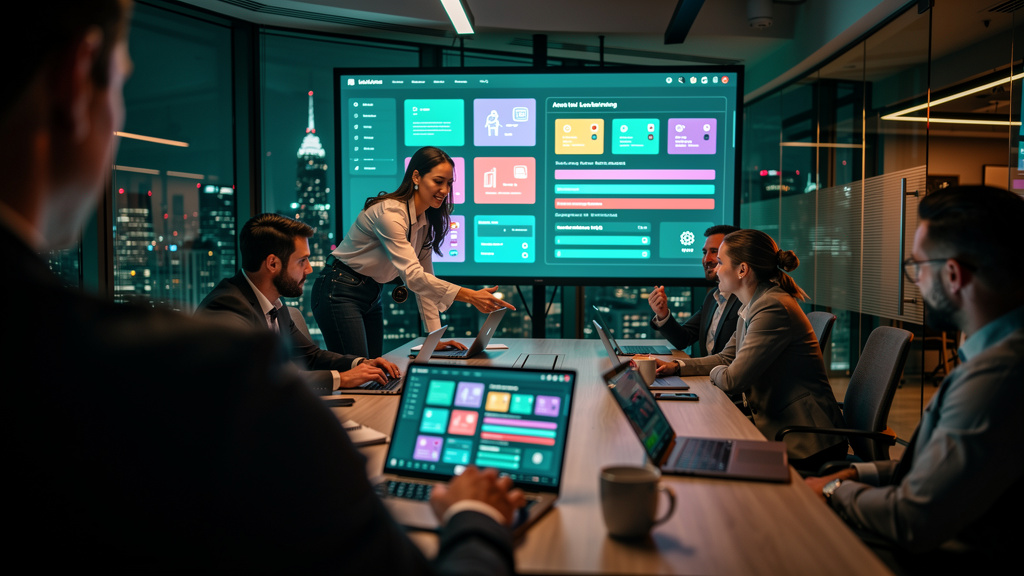 Toolzz: solução mais moderna para LXP — Um escritório moderno e iluminado, com uma equipe de colaboradores engajados em uma sessão de treinamento colaborativa. Alguns estão usando laptops, outros tabl