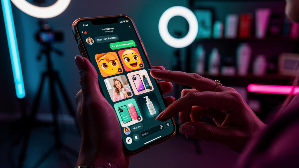Toolzz: solução moderna para Instagram Commerce IA — Um close-up das mãos de um influenciador digital segurando um smartphone. A tela do smartphone mostra um agente de IA personalizado da Toolzz respo