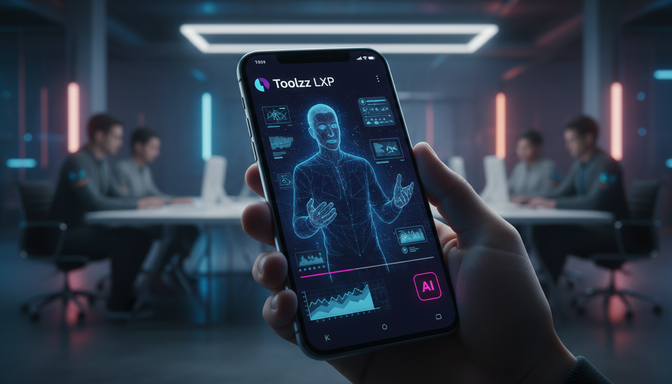 Toolzz: Streaming de Vídeo com Segurança e Compliance em LXP em 2026 — Um close-up de um smartphone mostrando um vídeo de treinamento da Toolzz LXP sendo reproduzido perfeitamente em streaming. O víde