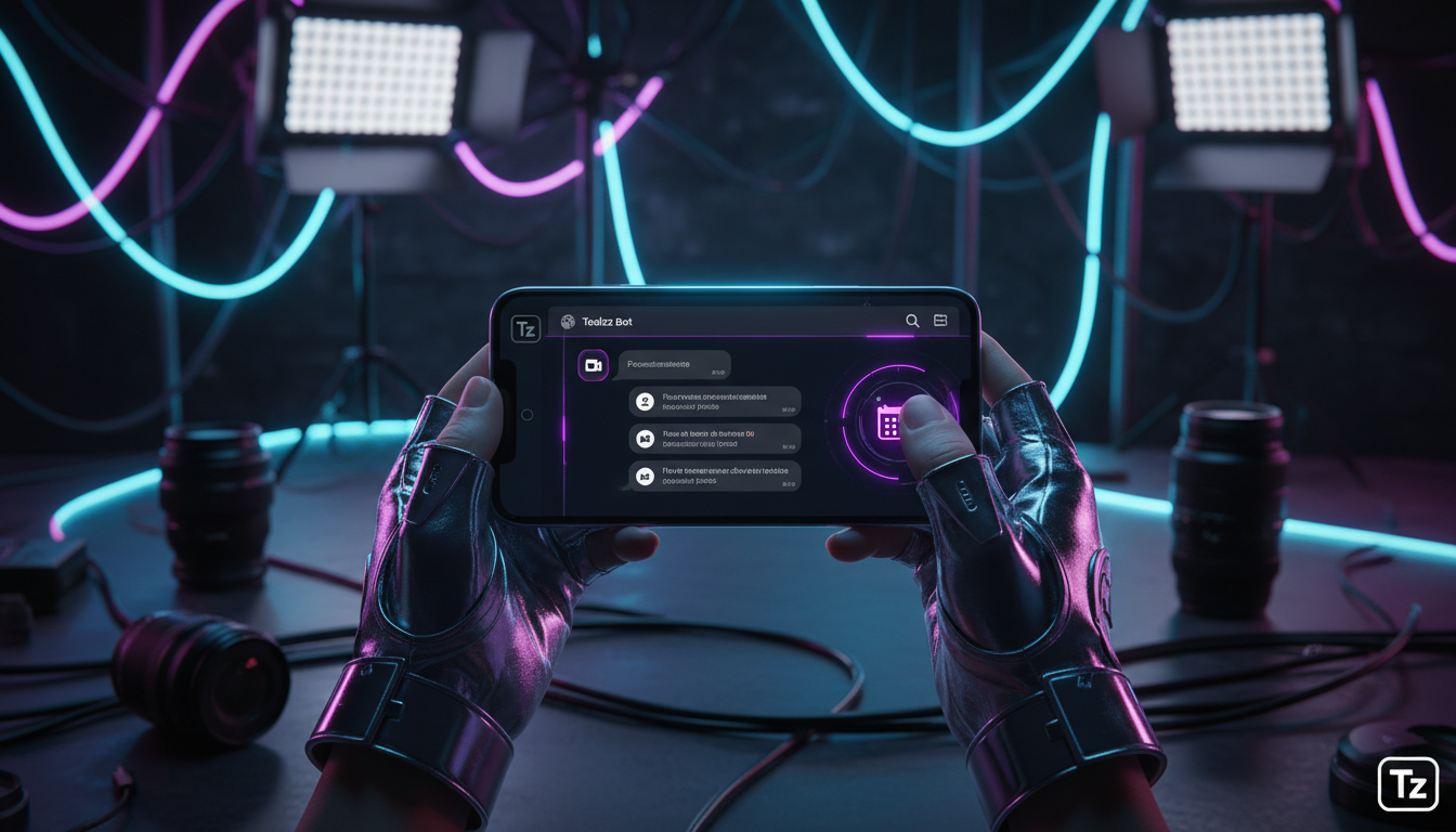 Toolzz: suporte 24/7 no Instagram em 2026 — Close-up das mãos de uma videomaker segurando um smartphone. Na tela, um chatbot da Toolzz responde instantaneamente a perguntas de clientes no Instagram, c