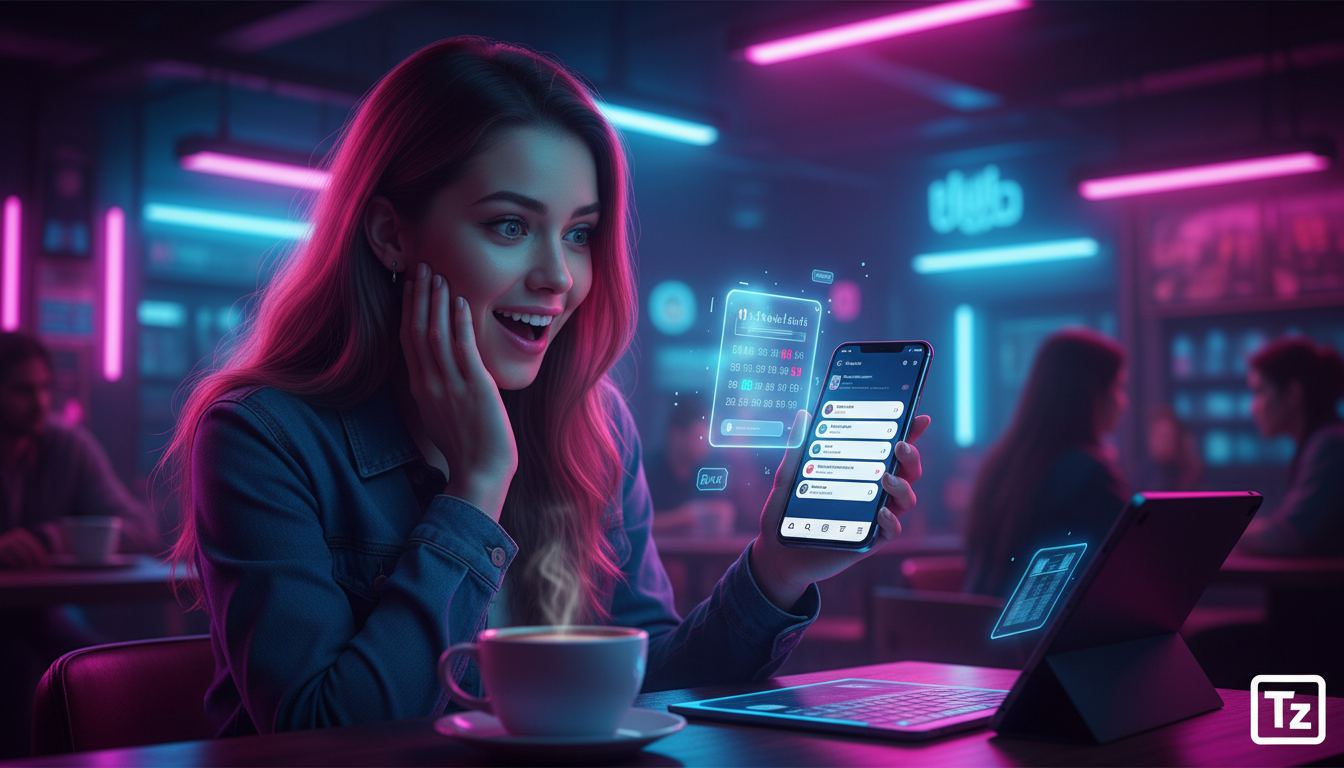 Toolzz: suporte brasileiro para Agendamento com IA — Um usuário interagindo com um chatbot de agendamento da Toolzz no Instagram, em um ambiente aconchegante de cafeteria. O usuário sorri enquanto esc