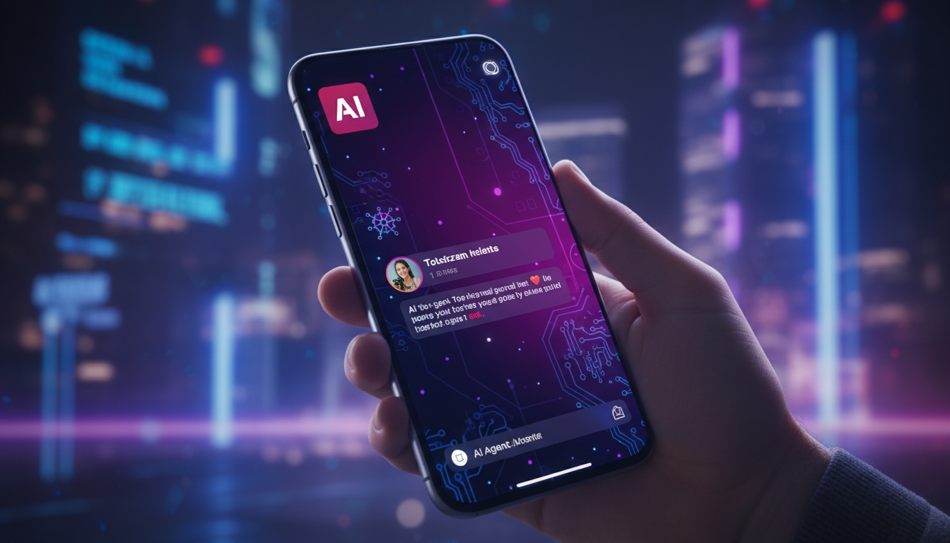 Toolzz: suporte brasileiro para automação de marketing no Instagram — Um close-up de um smartphone mostrando a interface da Toolzz AI em ação, com um Agente de IA respondendo a um comentário de um cli