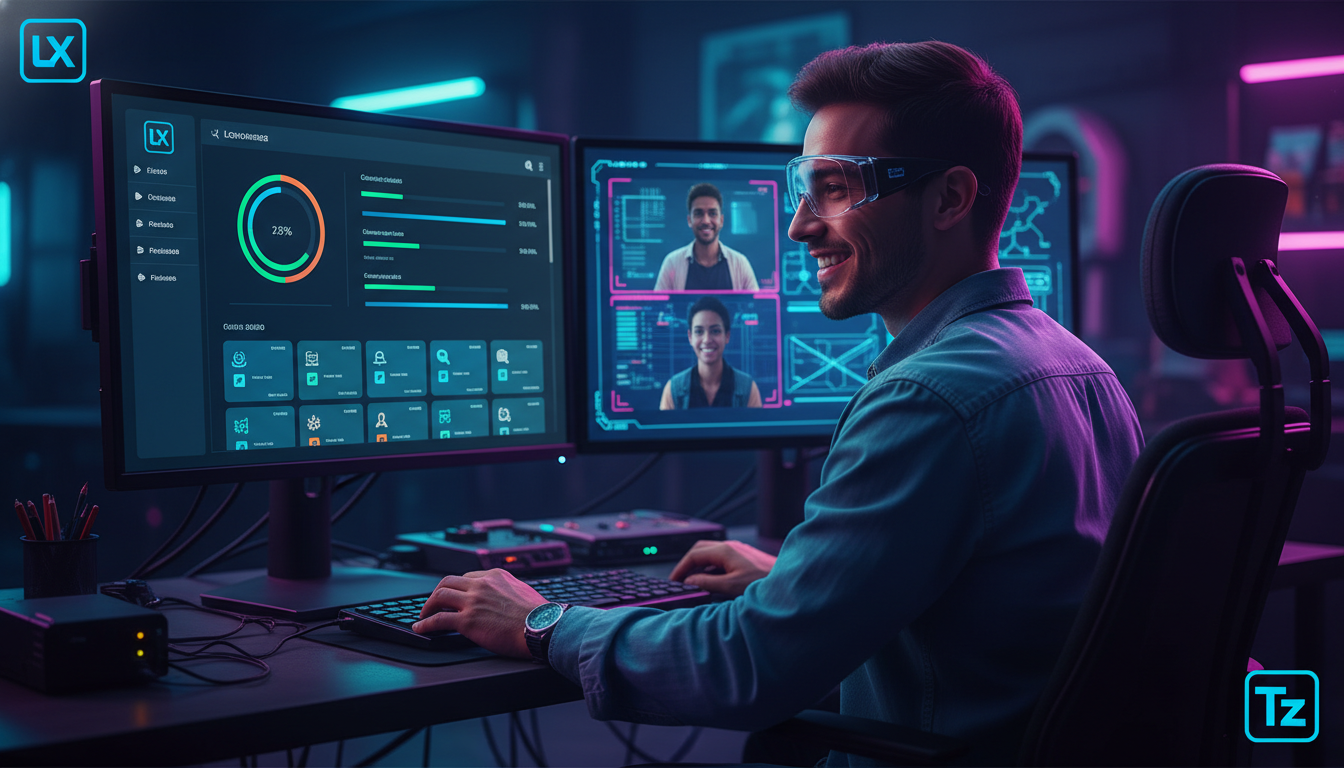 Toolzz: suporte brasileiro para dashboard do aluno em LXP — Um usuário sorrindo em frente a dois monitores. O monitor da esquerda mostra um dashboard LXP com gráficos de desempenho e cursos em andamen