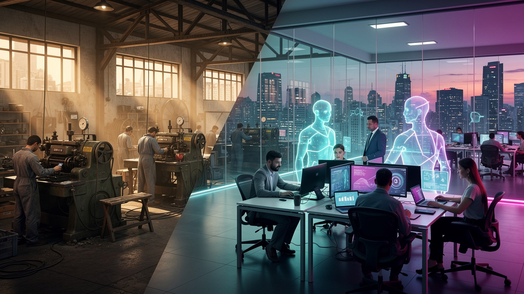 Toolzz: suporte brasileiro para Equipes Híbridas de IA e Humanos — Uma linha do tempo visual mostrando a evolução das equipes de trabalho, desde equipes totalmente humanas (imagem de uma fábrica antig