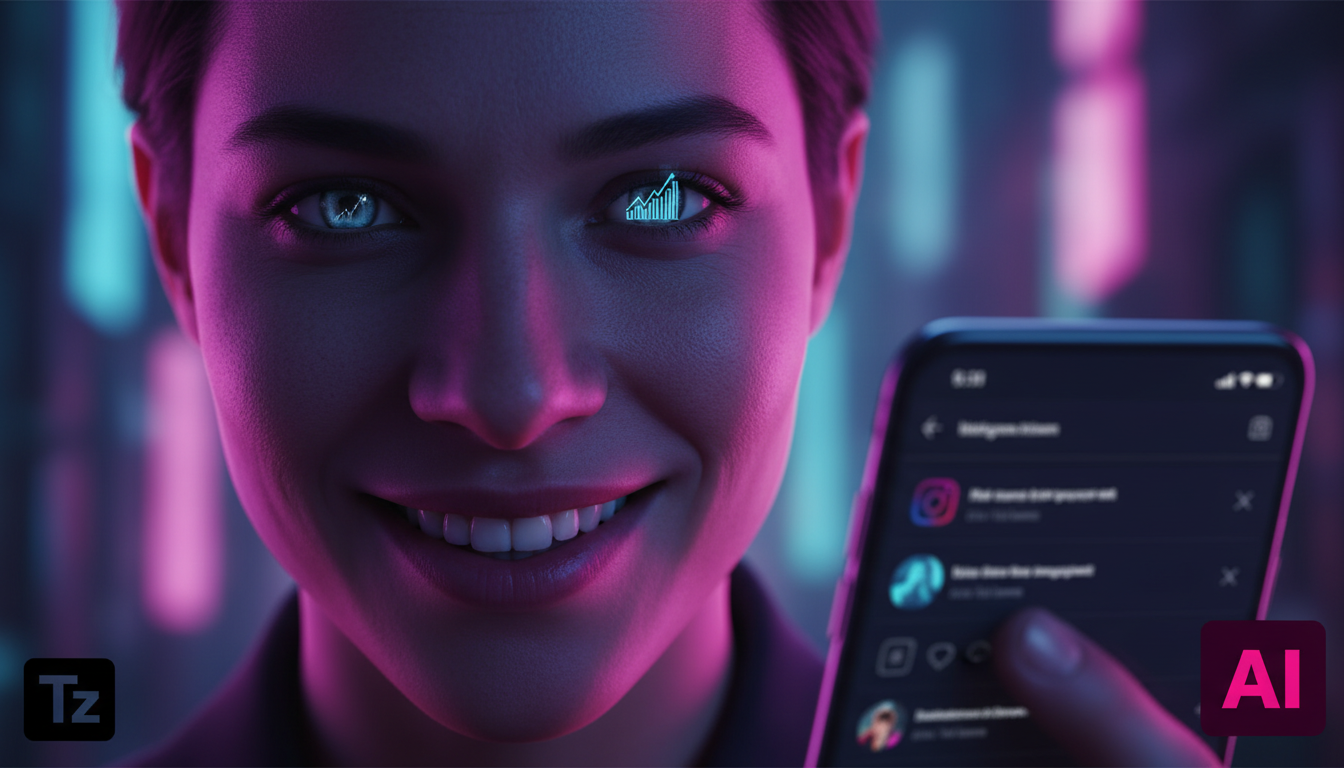 Toolzz: suporte brasileiro para IA em Redes Sociais — Close-up de um rosto sorrindo sendo iluminado pela tela de um smartphone. O reflexo na pupila mostra um gráfico de barras crescente representando 