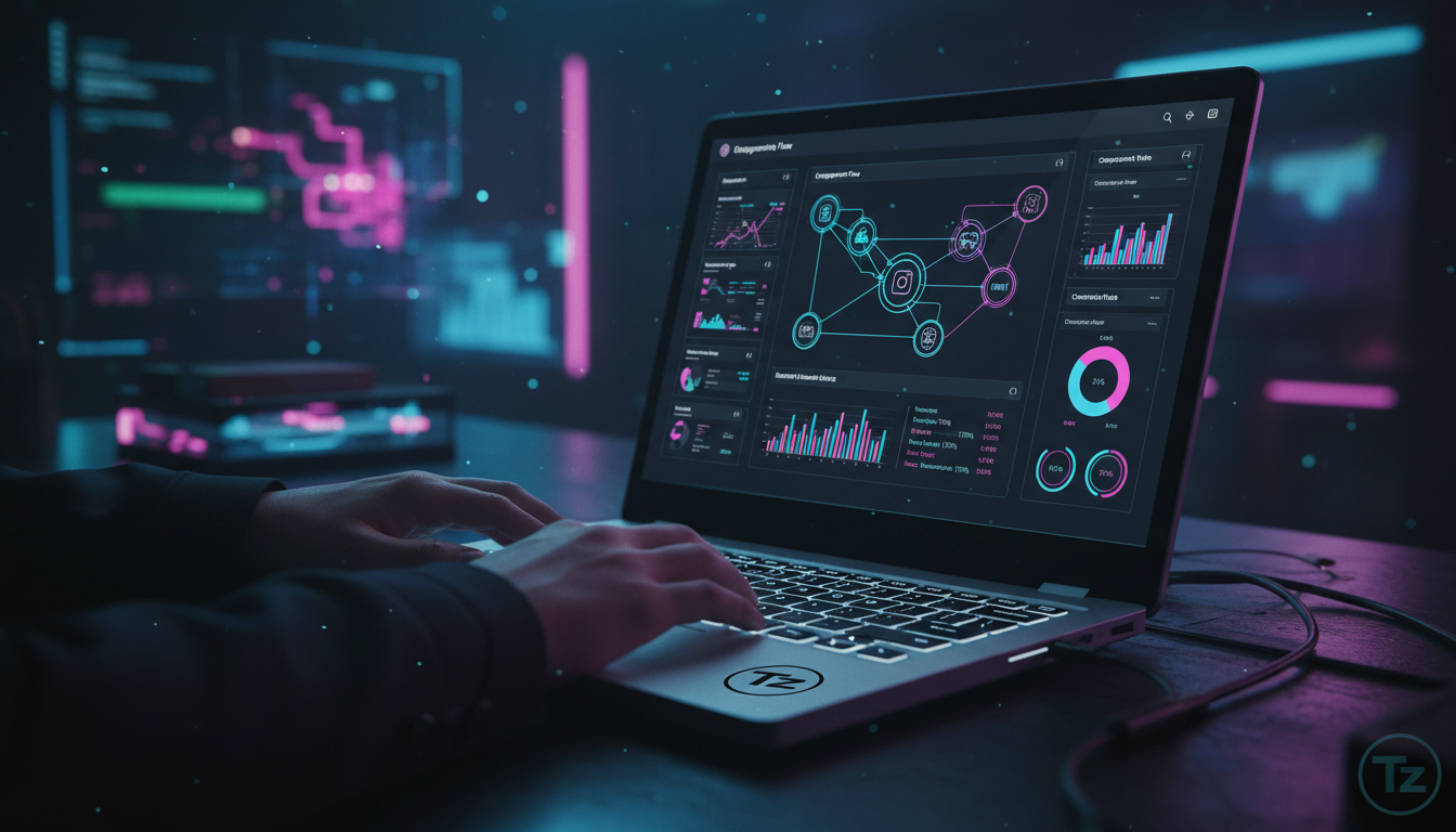 Toolzz: suporte brasileiro para Instagram 2024 — Um close-up das mãos de um profissional de marketing digital usando um laptop. Na tela, um painel de controle da Toolzz AI mostra o fluxo de interações