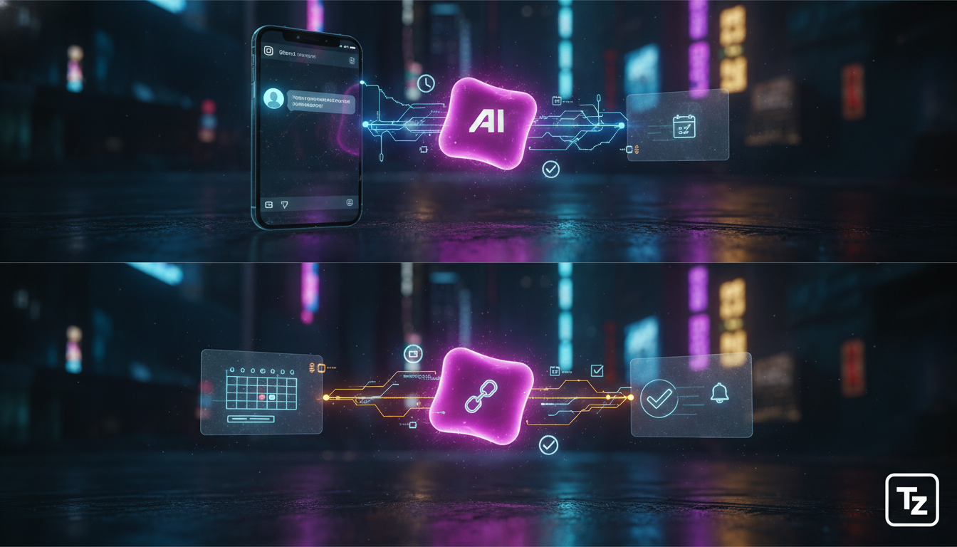 Toolzz: suporte brasileiro para Instagram Commerce IA — Um diagrama visual que mostra o fluxo de interação entre um cliente no Instagram DM e o Agente AI de Agendamento da Toolzz. O diagrama começa co