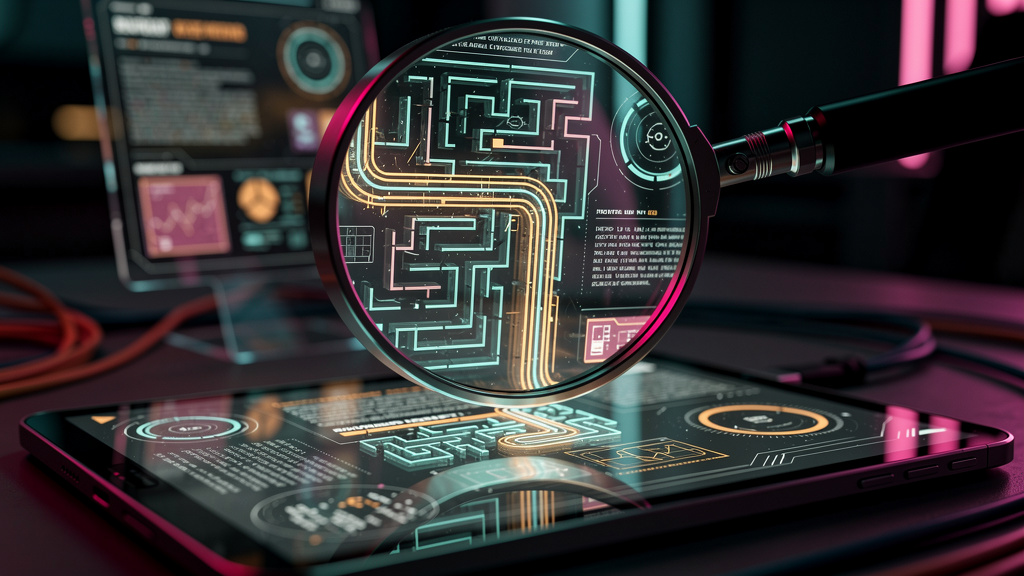 Toolzz: suporte brasileiro para RAG com LLMs Open Source — Close-up de uma lupa estilizada ampliando um documento digital que contém fragmentos de texto e dados complexos. A lente da lupa reflete um l