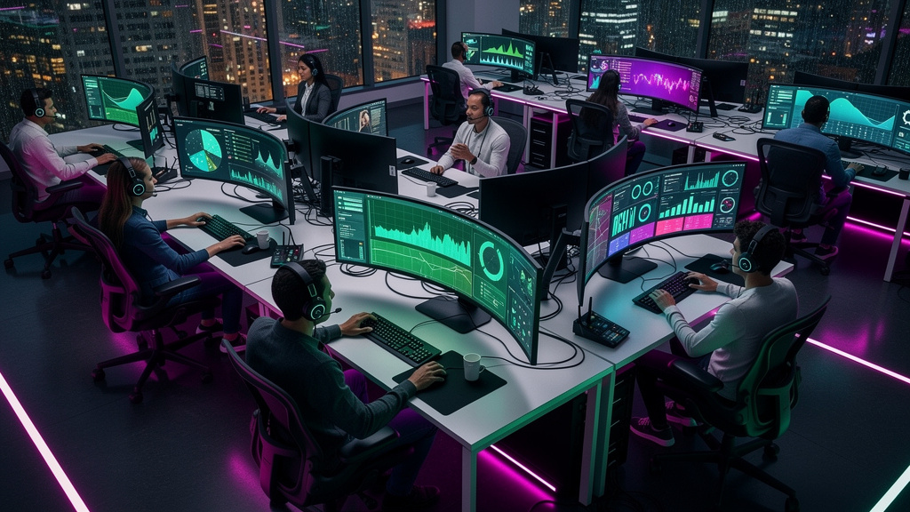 Toolzz: suporte brasileiro para Voice AI — Um call center movimentado, mas organizado, com diversos atendentes utilizando headsets e interagindo com telas que exibem interfaces de Voice AI. Um painel