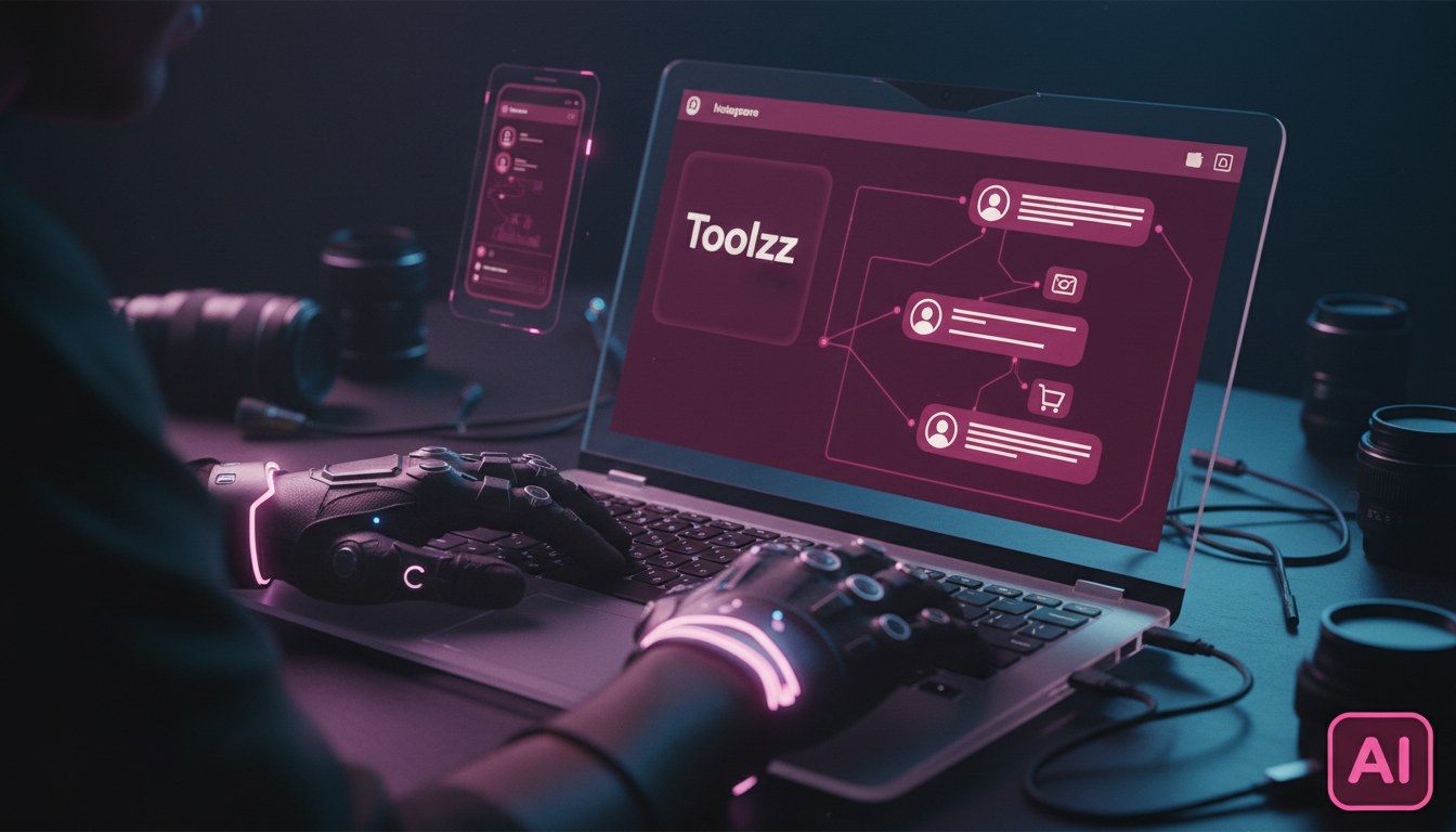 Toolzz: teste grátis de Automação Instagram — Um close-up das mãos de um videomaker editando um vídeo no laptop, com a interface da Toolzz AI aberta em segundo plano, mostrando a automação de mensagen