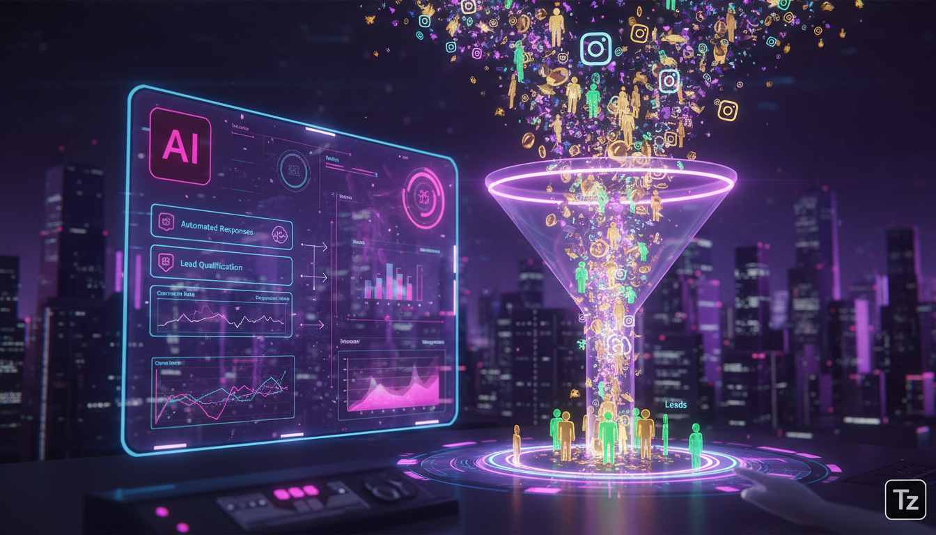 Toolzz: teste grátis de IA para Instagram Business — Uma representação visual de um funil de vendas do Instagram, começando com um grande número de seguidores no topo e estreitando-se em leads qualifi